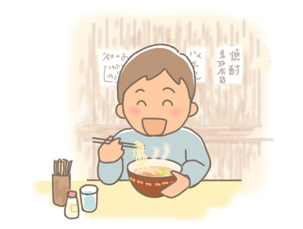 嬉しそうにラーメンを食べる人のイラスト