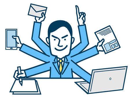 てきぱきと大量の仕事をこなすビジネスマンのイラスト