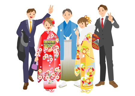 二十歳の集いで集合写真を撮る人たちのイラスト