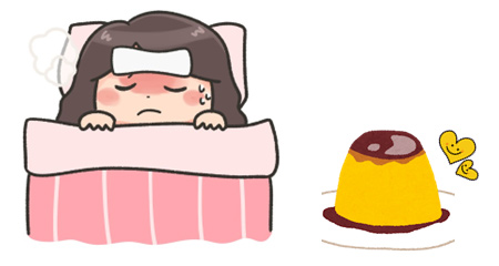 具合の悪い女性とプリンのイラスト