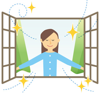 窓のそばで気持ちよさそうな女性のイラスト