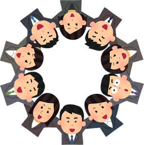 輪になり肩を組む会社員のイラスト