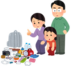 防災グッズを確認する家族のイラスト